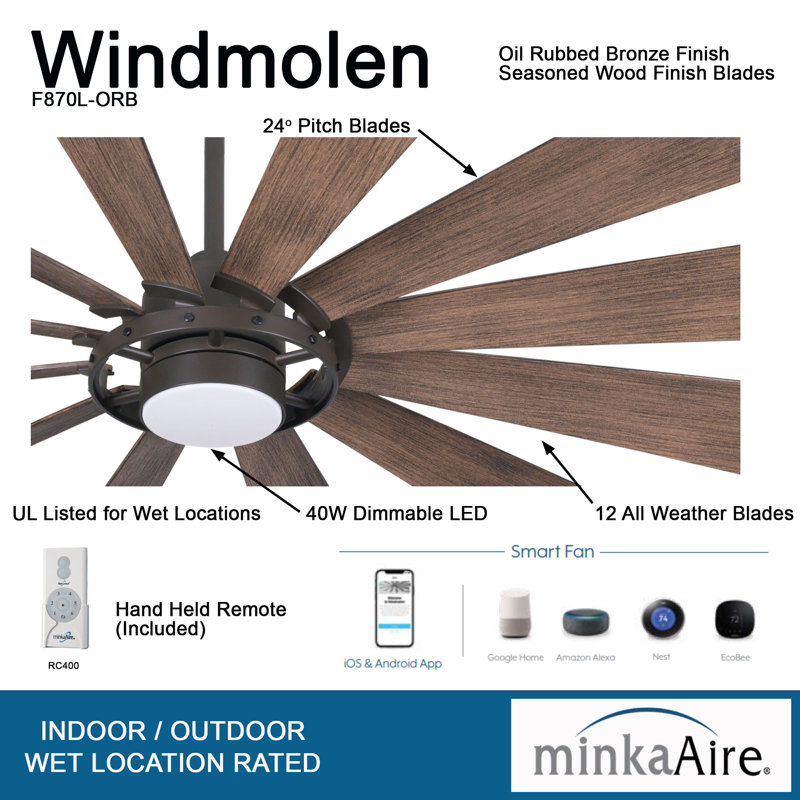 65" 12 - Blade Outdoor LED Smart Windmill Ceiling Fan with Remote Control and Light Kit Included