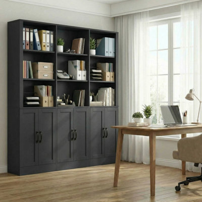 Classeur 70 po H 70,1 po x l 63 po à 5 niveaux avec tablettes ouvertes à 3 niveaux et 3 armoires à deux portes | Grande armoire de rangement blanche / noire pour l'organisation de la maison et du bureau