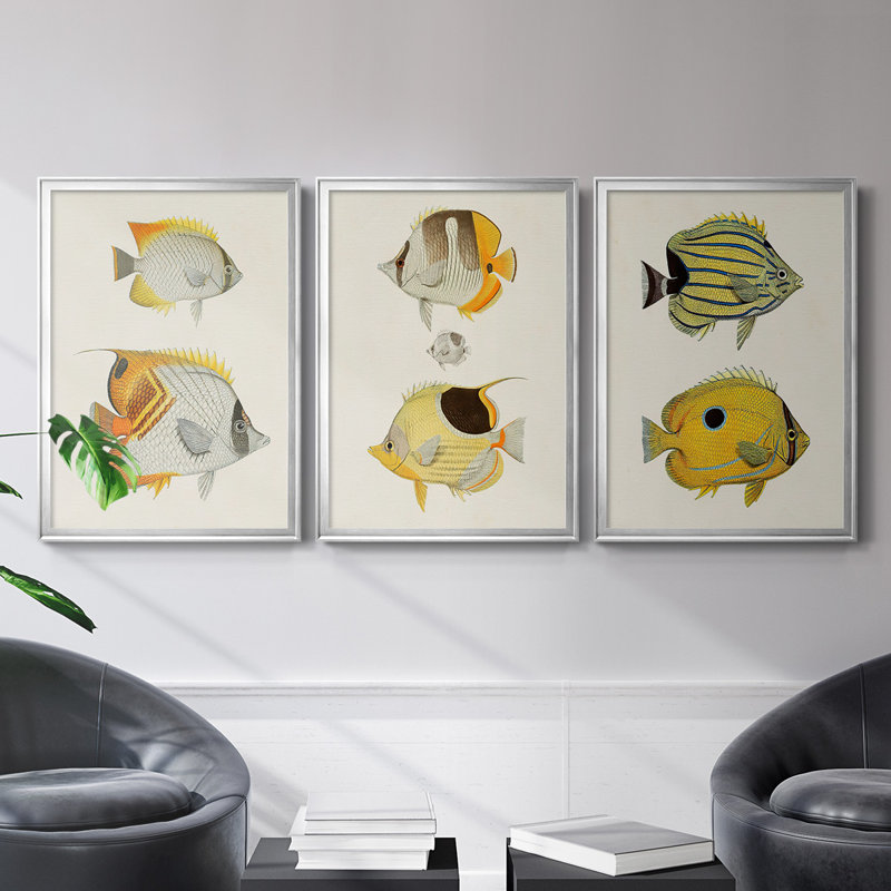 Jaune et gris poisson I, toile encadrée de qualité supérieure - prête à être accrochée, H 30,5 po x l 45 po x P 2,5 po