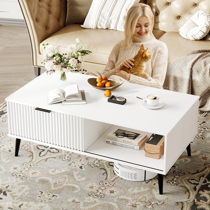Table basse avec rangement, table basse rectangulaire en bois avec porte coulissante et pieds en bois massif, Blanc
