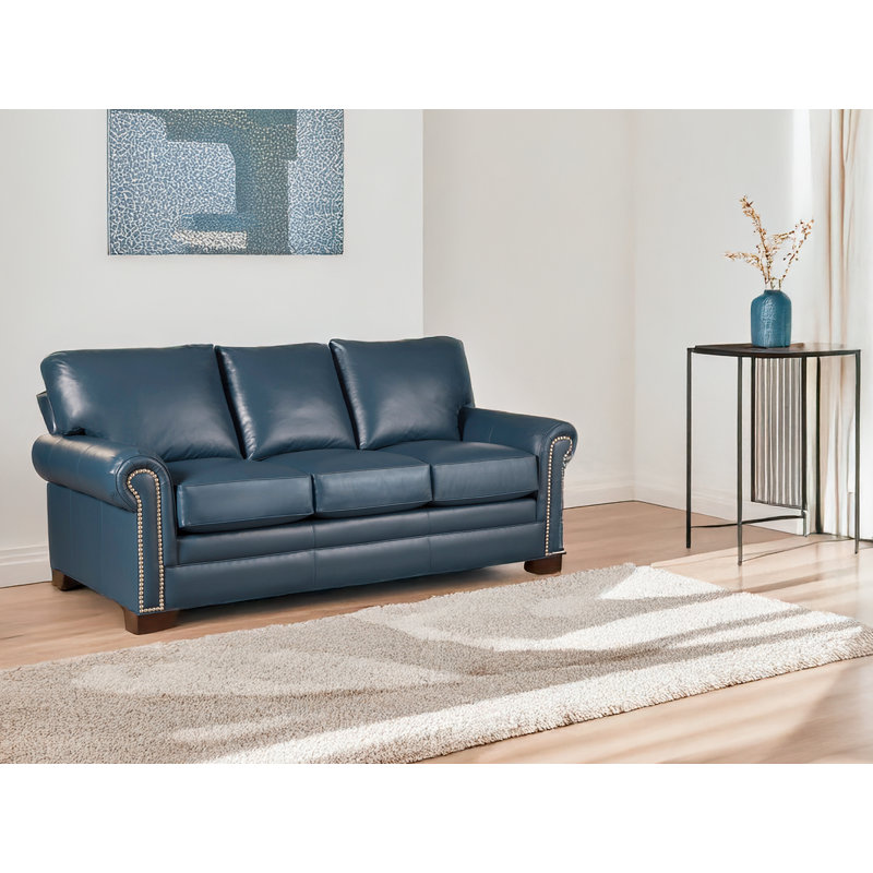  Fardeen 86" Genuine Leather Round Arm Sofa, Blue Genuine Leather