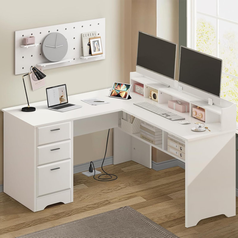60" L Shaped Office Corner Computer Desk,with Moveable Hutch and Power Outlet
