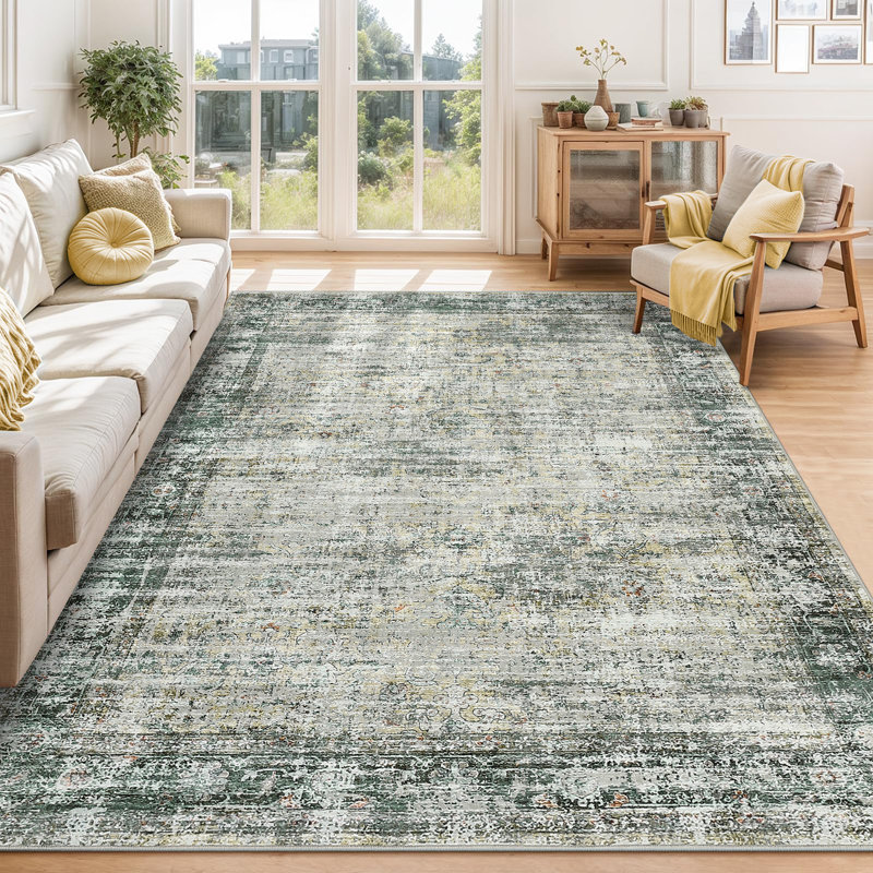 Washable Area Rug, Vintage Distressed Low Pile Non-Slip Floor Carpet, Yellow Green, 4'x6', Rectangle 4' x 6', Yellow
