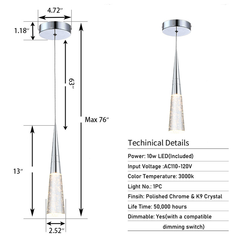 Luminaire suspendu simple à 1 lumière DEL, Chrome poli