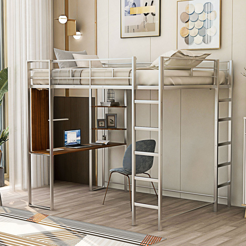 Lit mezzanine double en métal avec 2 tablettes et un bureau, Argent argent