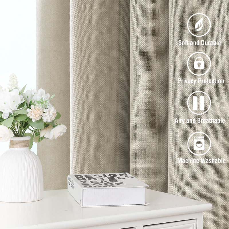 Linen Curtains for Living Room 2 Panels Back Tab Loop Pocket Textured Light Filtering Semi Sheer Rustic Farmhouse Boho Curtain for Bedroom , Castle Wall