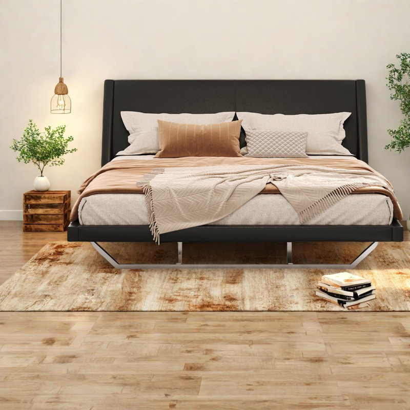 Lit plateforme très grand de qualité supérieure en cuir synthétique noir avec courbes modernes pour la maison