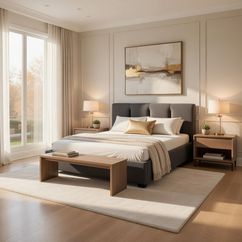 Lit plateforme double Orra, tête de lit rembourrée, polyester gris à piqûre à rainures