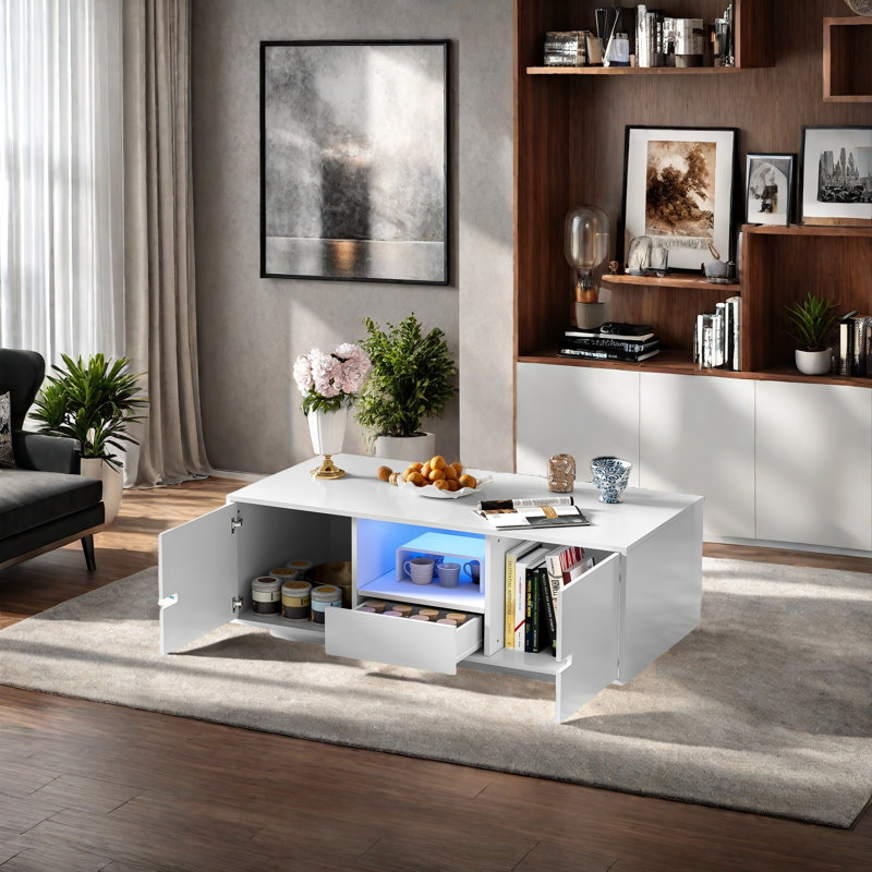 Table basse rectangulaire moderne ultrabrillante, table centrale élégante avec espace de rangement, mobilier d'appoint avec 16 lumières DEL de couleur pour le salon