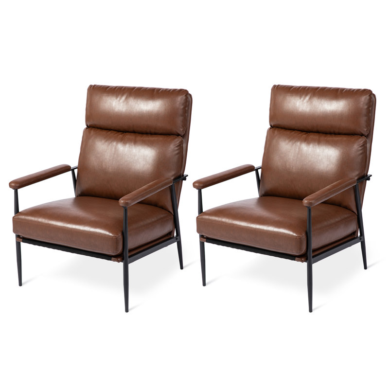 Fauteuil Mid-Century moderne en similicuir avec dossier haut et accoudoirs rembourrés, Similicuir noir