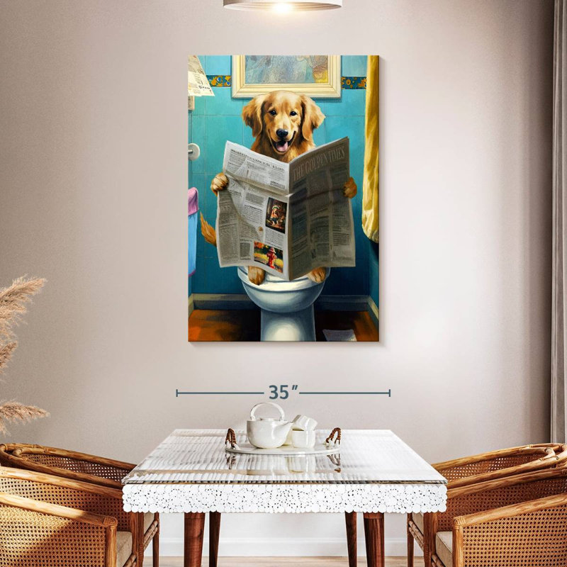Golden retriever sur une toilette sur toile, H 48 po x l 32 po x P 1,25 po
