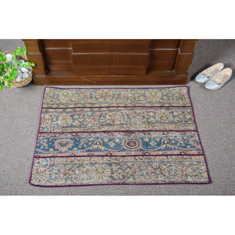 Vintage Turkish Rug with Small Floral Pattern: A Colorful Boho Accent for Home Floors and Doors