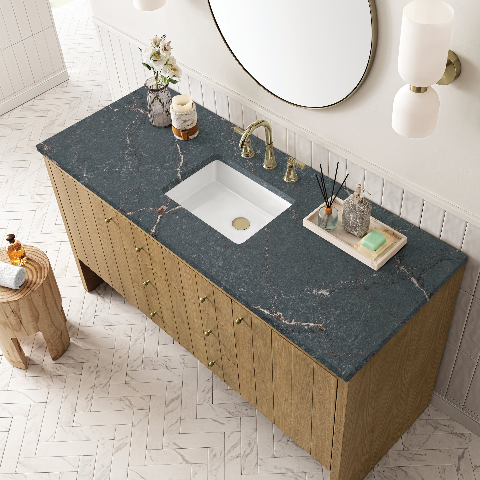 Hudson 60'' Single Bathroom Vanity, 8" Widespread, Parisien Bleu, Light Natural Oak