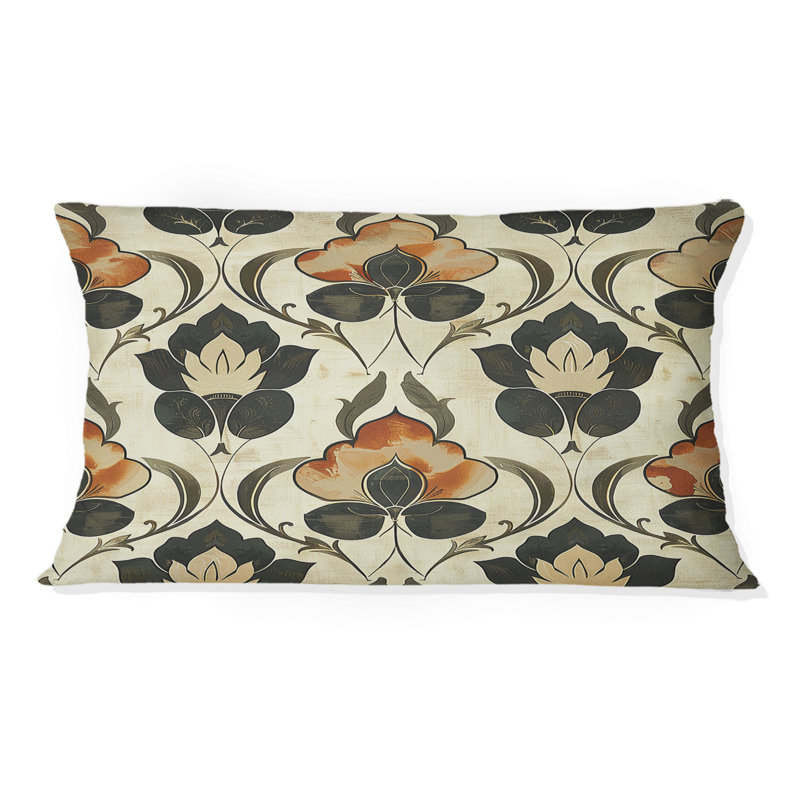 Coussin lombaire transitionnel brun et beige avec motif floral beige