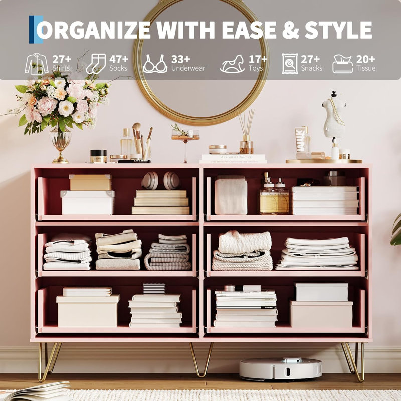 Commode 6 tiroirs 47 po de large pour chambre, Rose