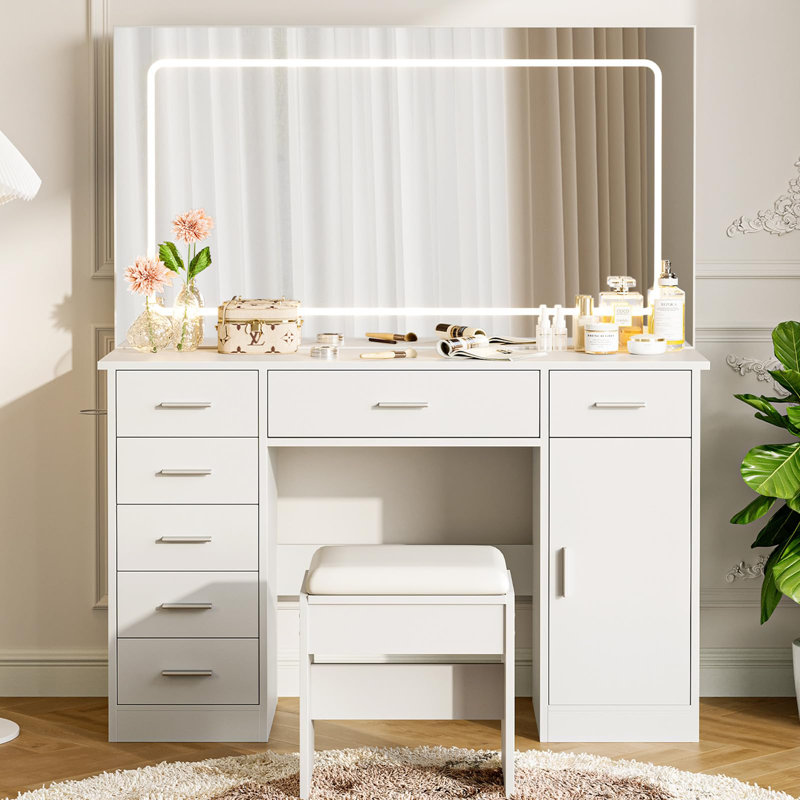 Lighted Makeup Vanity with Chair, White