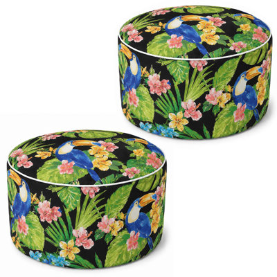 Paquet de 2 tabourets gonflables d'extérieur 21 po x 21 po x 9 po, repose-pieds de patio résistant à la décoloration avec poignée de transport, pouf portable pour le patio, le jardin, le camping et l'intérieur - Toucan Paradise noir