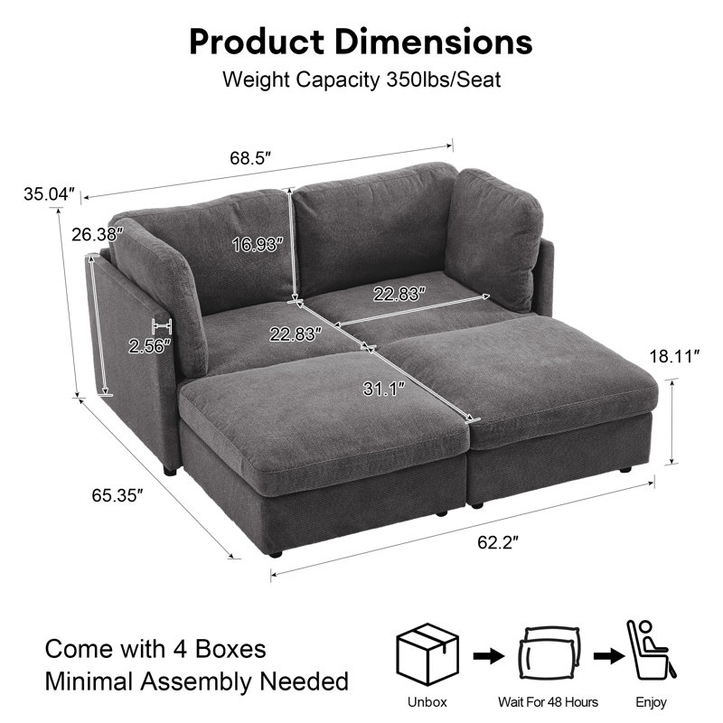 4 Piece Modular Sectional Sofa, Dark Gray