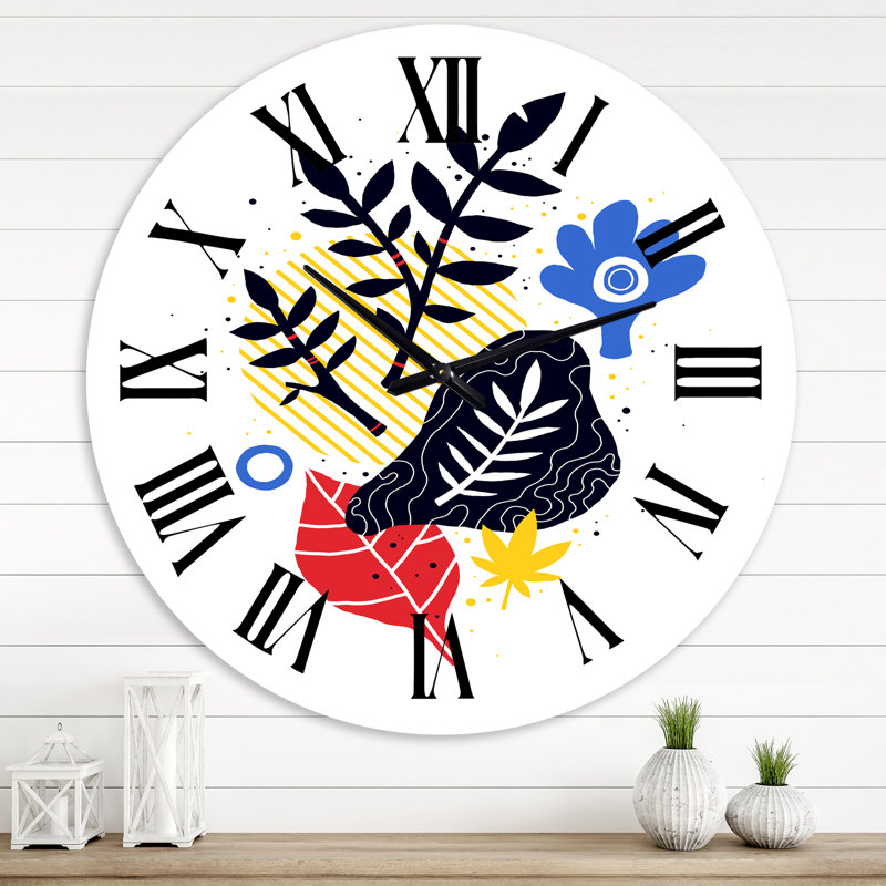Composition florale et géométrique rouge et bleue - Horloge murale moderne, Surdimensionné