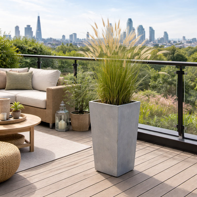 Taito Pot Planter Tall Lightweight Frost Proof Concrete Effect Planter, 75cm H x 40cm W x 40cm D, Grey