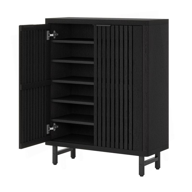 Armoire à chaussures 33,46 po en bois noir moderne à 6 niveaux avec portes à persiennes, Noir