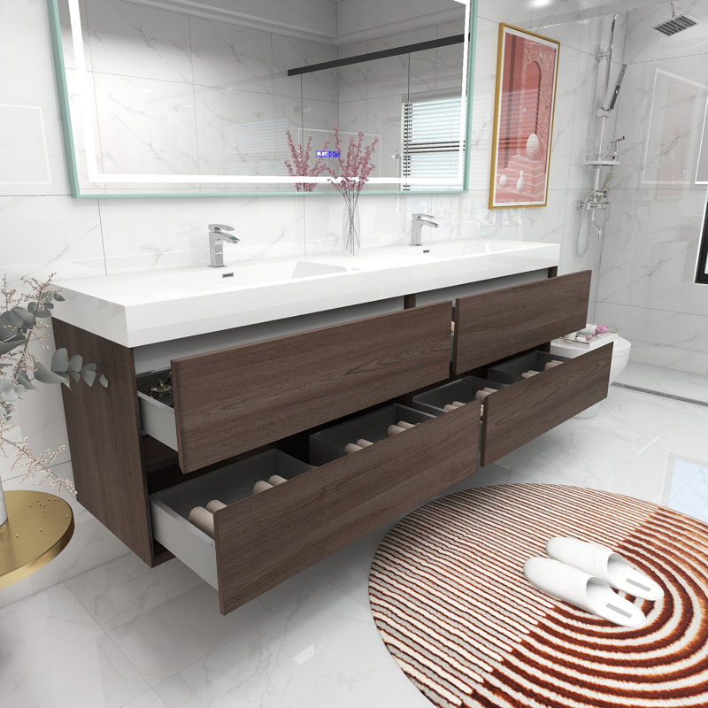 83.4'' Double Bathroom Vanity with Acrylic Top, Red Oak
