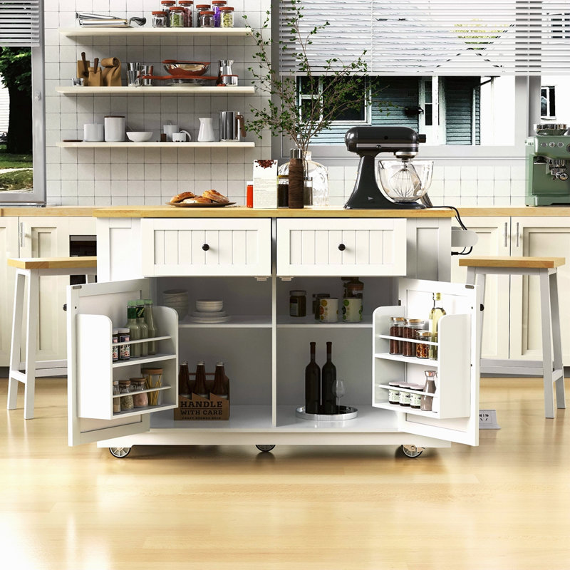 48Inch Large Kitchen Island With 2 Bar Stools, Power Outlet, Door Internal Storage Rack, Kitchen Storage Cart On 5 Wheels With Drop Leaf, 5 Open Side Racks, 2 Drawers,For Kitchen,Dining Room
