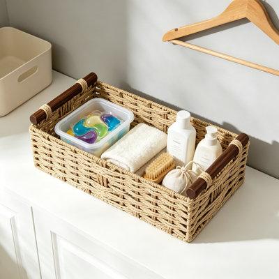 Paper Rope Toilet Basket with Handle for Bathroom Organizer, Handwoven Woven Storage Basket for Toilet Tank Top, Towel and Wipes Holder, Boho Coastal Home Decor