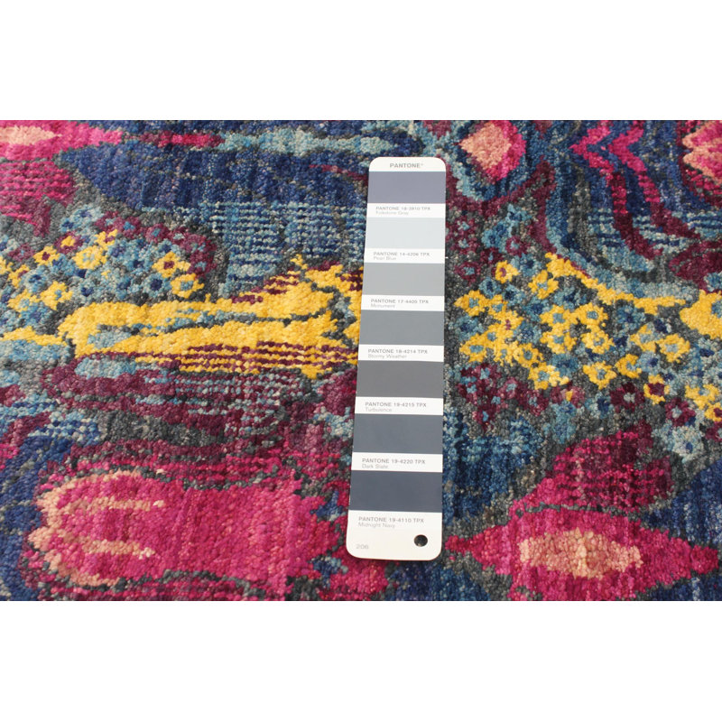 Tapis carré gris foncé / rose en laine noué à la main de style nouvel âge Lahore Finest 6 pi One-of-a-Kind Deett