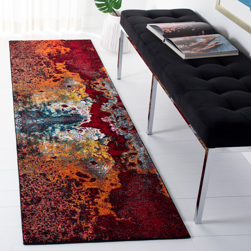 Tapis rouge / orange à motif abstrait Vincenzo, Tapis de couloir 2 pi 3 po x 8 pi