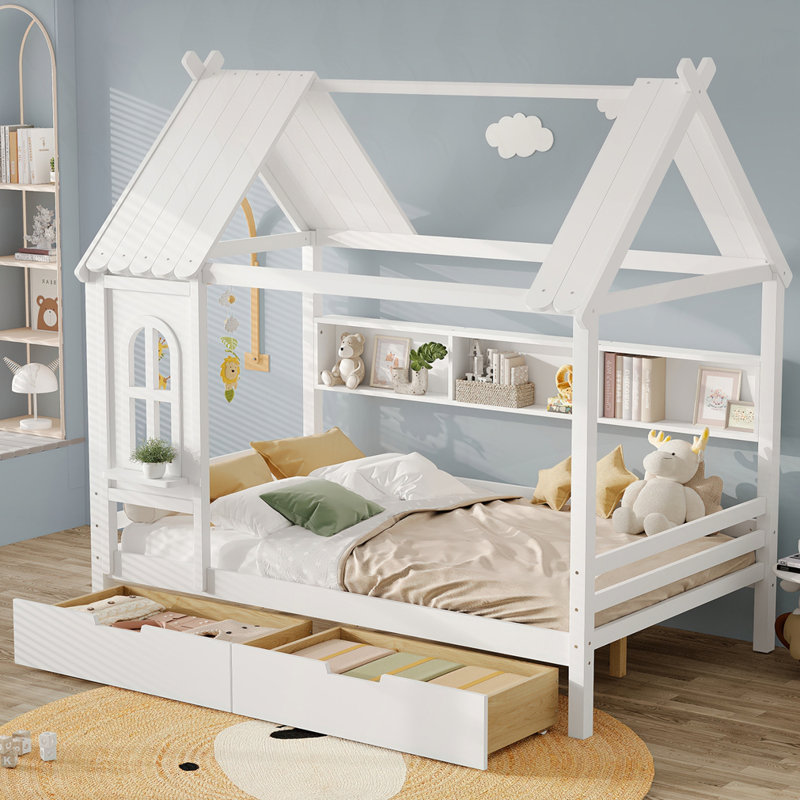 Lits de maison avec tiroirs de rangement et fenêtre, Complète, Blanc