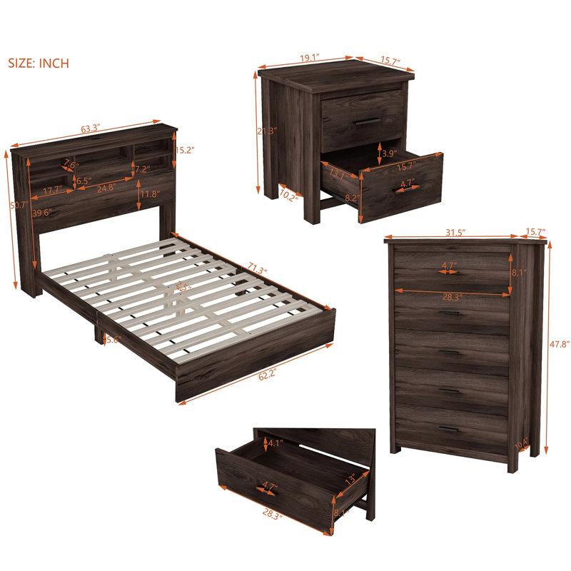 Ensemble de chambre à coucher 4 pièces avec grand lit en bois rétro avec 2 tables de chevet et 1 commode, noyer foncé