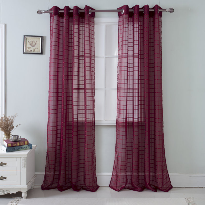 Jardine Plaid Sheer Grommet Single Curtain Panel, Burgundy