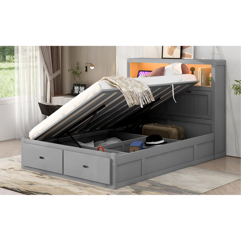 Grand lit plateforme avec rangement hydraulique, tête de lit à DEL et 2 tiroirs de chargement, compartiment en bois gris, tête de lit, possibilité