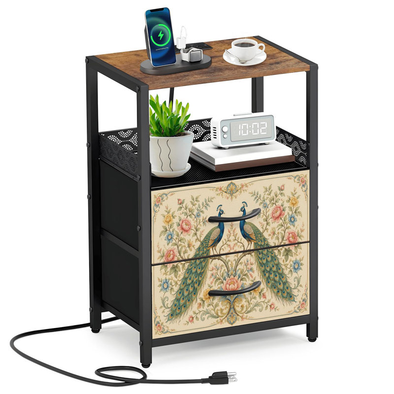 Table de chevet 2 tiroirs en tissu avec station de charge Paons élégants