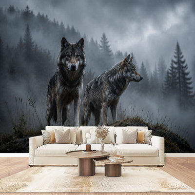 Papier peint mural autocollant 3D représentant des loups des bois, décoration murale moderne pour chambre ou salon, 254 cm (L) x 366 cm (l).