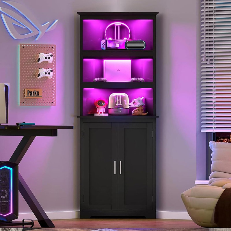 Grande armoire d'angle de style gothique noir avec DEL, rangement à 5 niveaux avec portes pour salle de bain, salon et salle à manger