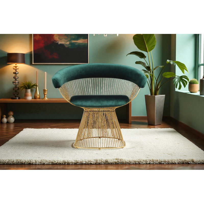 Pangea Home Modern Green Velvet Upholstered Fern Arm/Accent Chair with Gold Metal Wire Base – Contemporary Lounge, Bedroom, or Dining Armchair