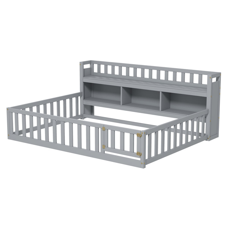 Kids Montessori Floor Bed With Bookcase And Shelves, Gray, Twin