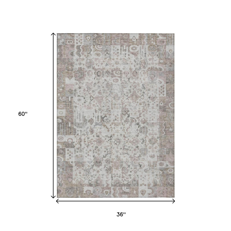 3' X 5' Taupe And Ivory Patchwork Washable Indoor Outdoor Area Rug