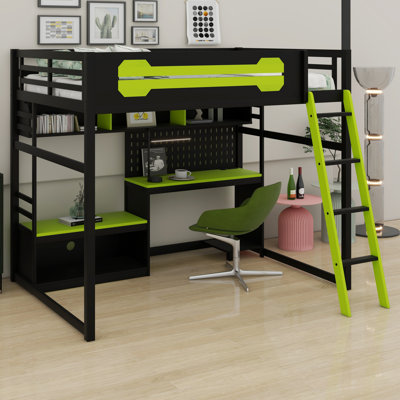 Wood Loft Bed With Desk, Shelves, LED Lights, USB Ports And Pegboard