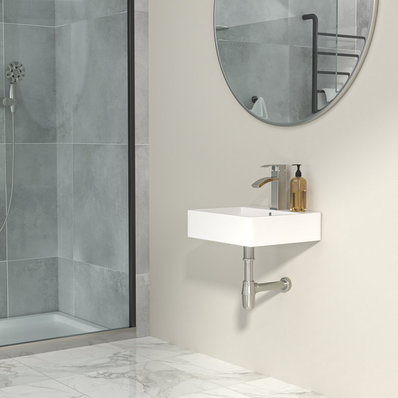 21" L x 16.5" W Wall Mounted Bathroom Sink Rectangular Wall Hung White Ceramic Sink with Faucet Hole
