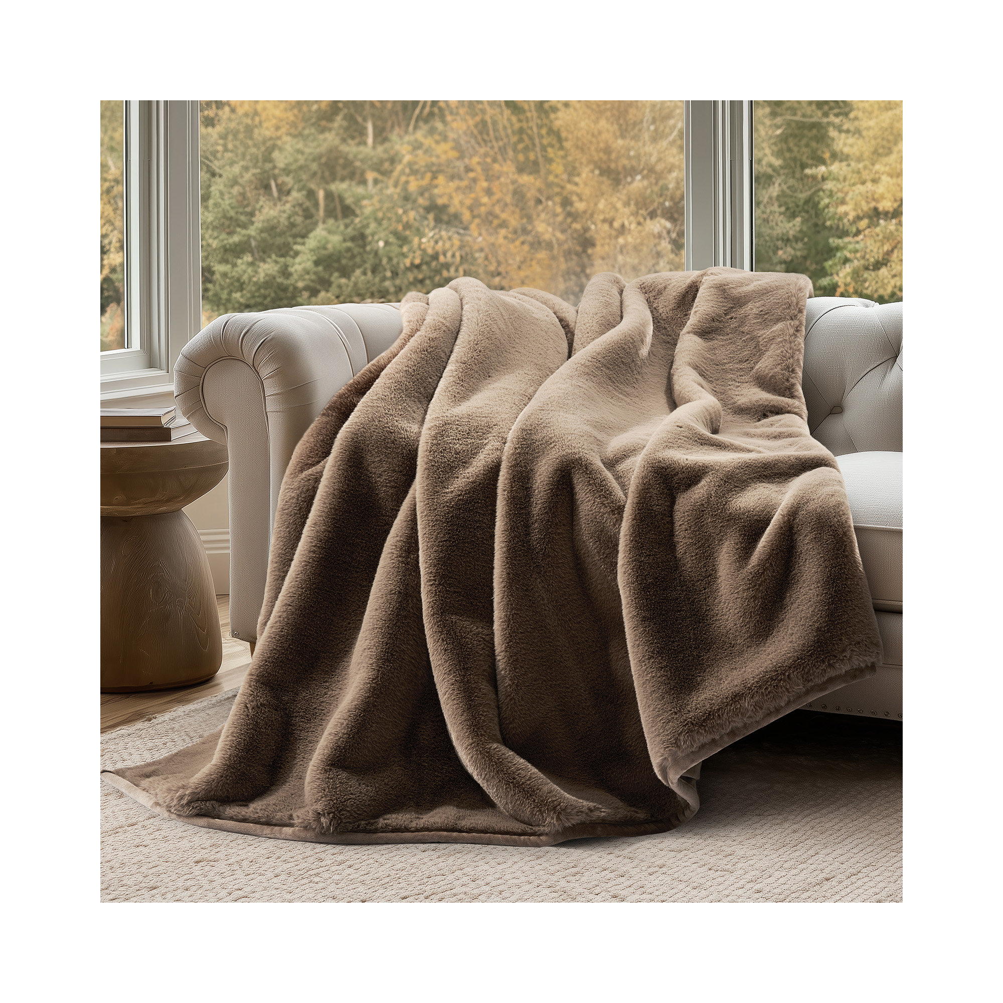 Luxury Mink Faux Fur Throw Blanket, Natural Tan, 50" W x 60" L