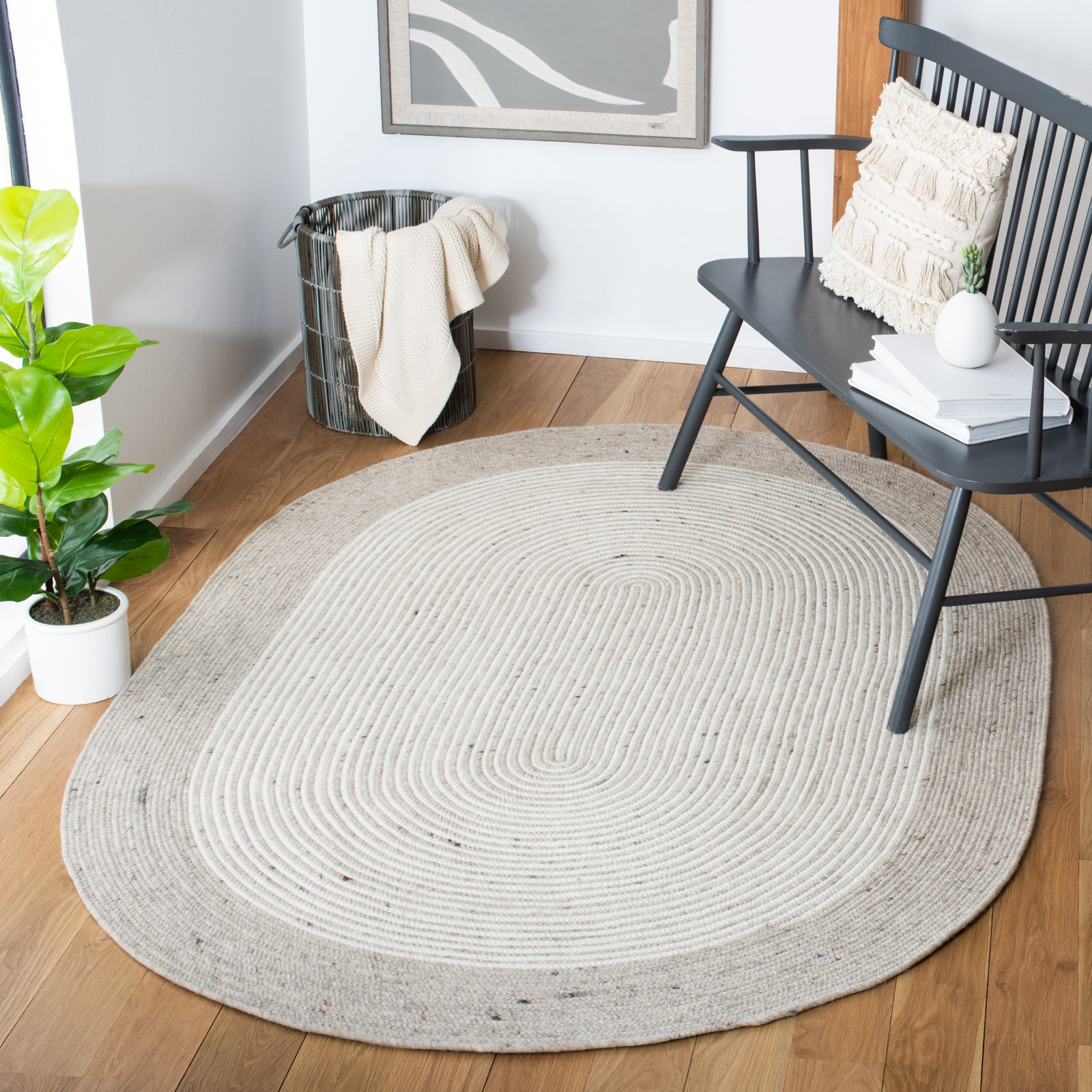 Aria Beige Ivory Hand-Woven Geometric Wool Rug, Oval 10' x 14'