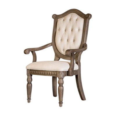 Hama Dining Armchair Set Of 2, Weathered Oak Wood, Tufted Beige Fabric