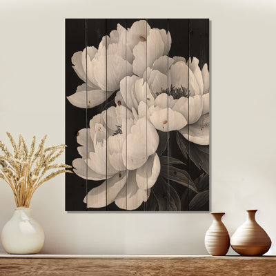Monochrome Peonies With Dark Veins IV - Peonies Wood Print - On Natural Pine Wood
