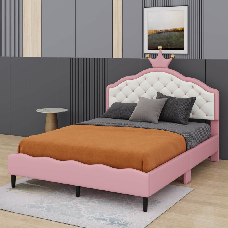 Lit double princesse en cuir synthétique avec tête de lit capitonnée, Full