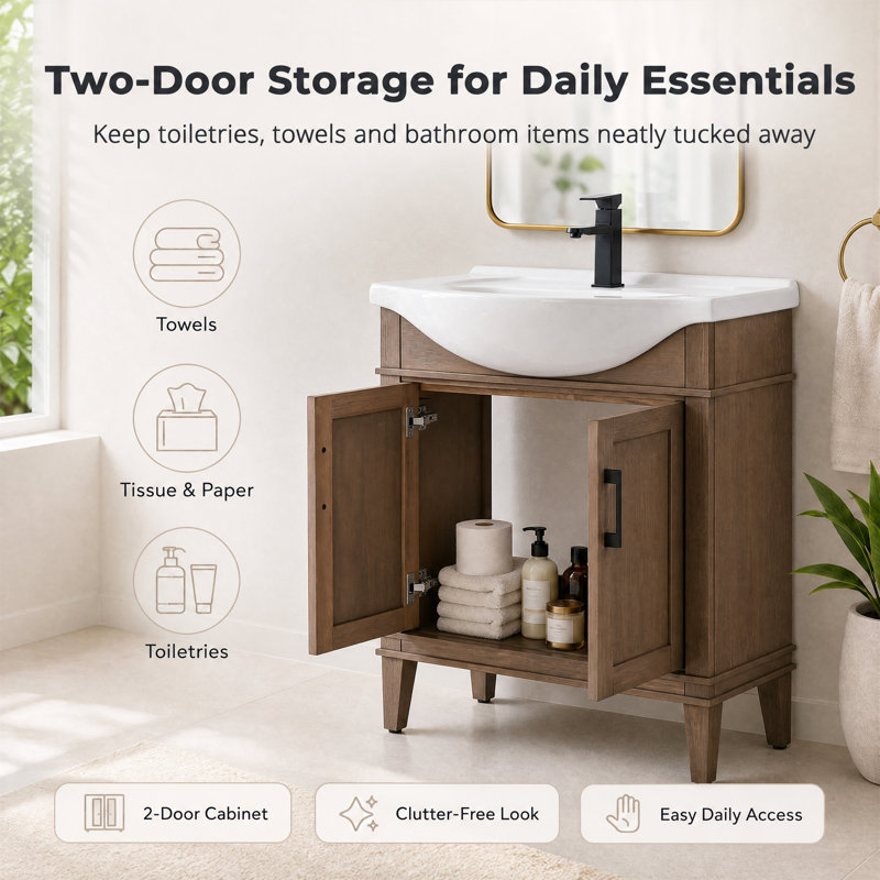 Arlowene 30" Freestanding Single Bathroom Vanity with Ceramic Top, Brown Spruce, 30"