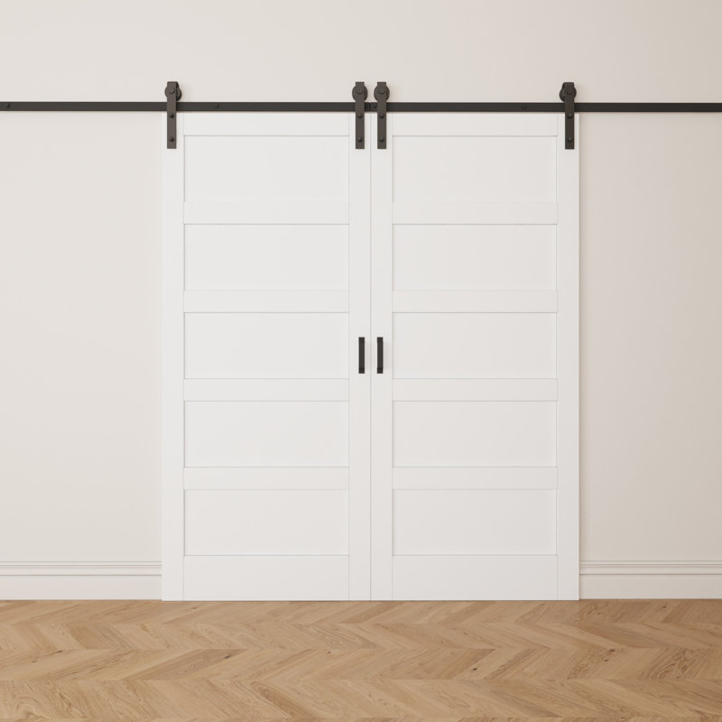Porte de grange double à 5 panneaux en bois massif blanc H 80 po x l 48 po avec quincaillerie d'installation (aucun assemblage requis et peut être peint)