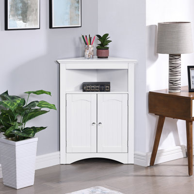 Small Wooden Bathroom Floor Corner Cabinet – Space-Saving Design With Cabinet & Shelf(White)